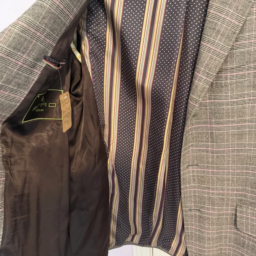 Etro Milano EU SZ 50R Sport Coat Blazer Gray/Pink Plaid Wool Silk Lined Italy